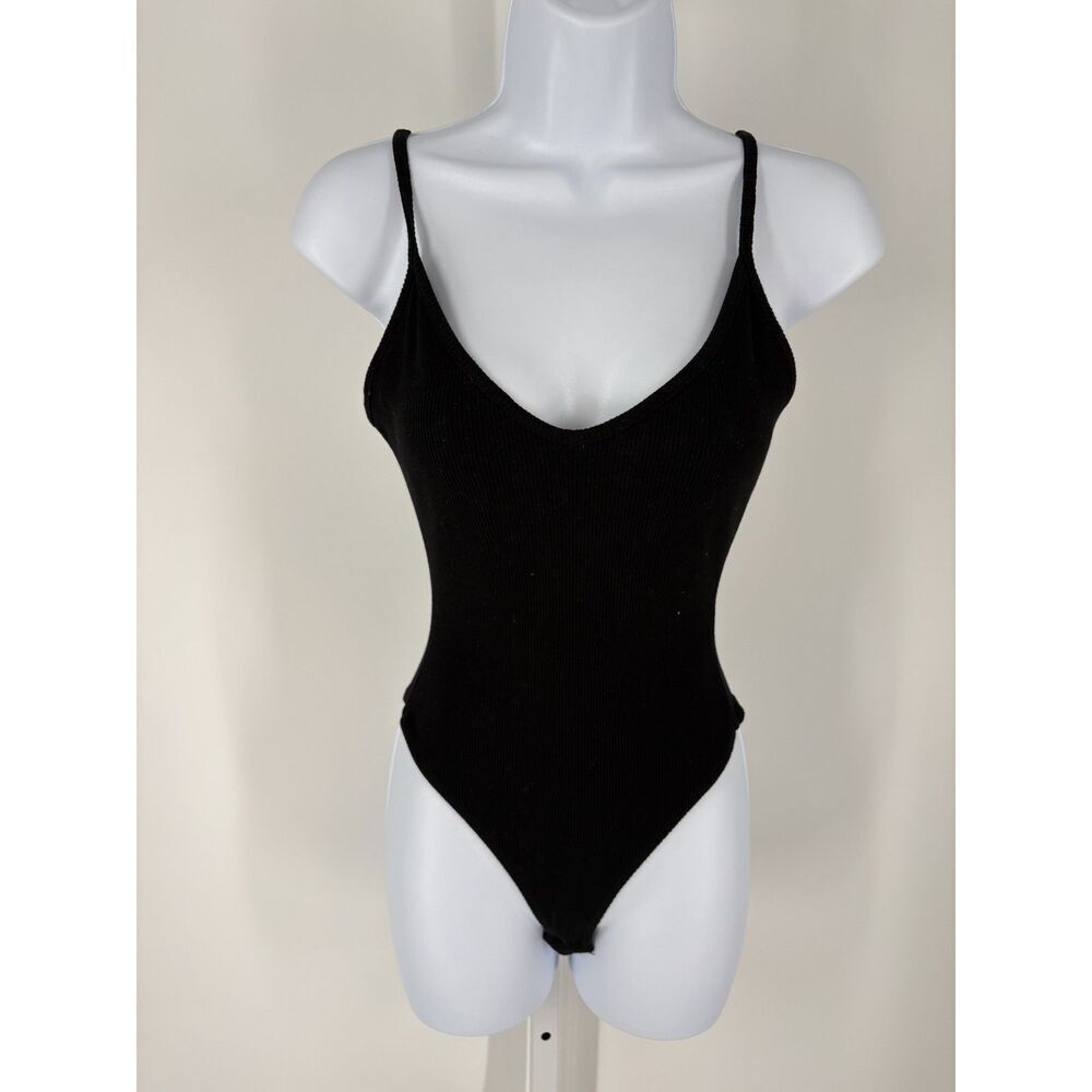 Lulus Black Ribbed Bodysuit Women’s Sleeveless V-Neck Spaghetti Strap